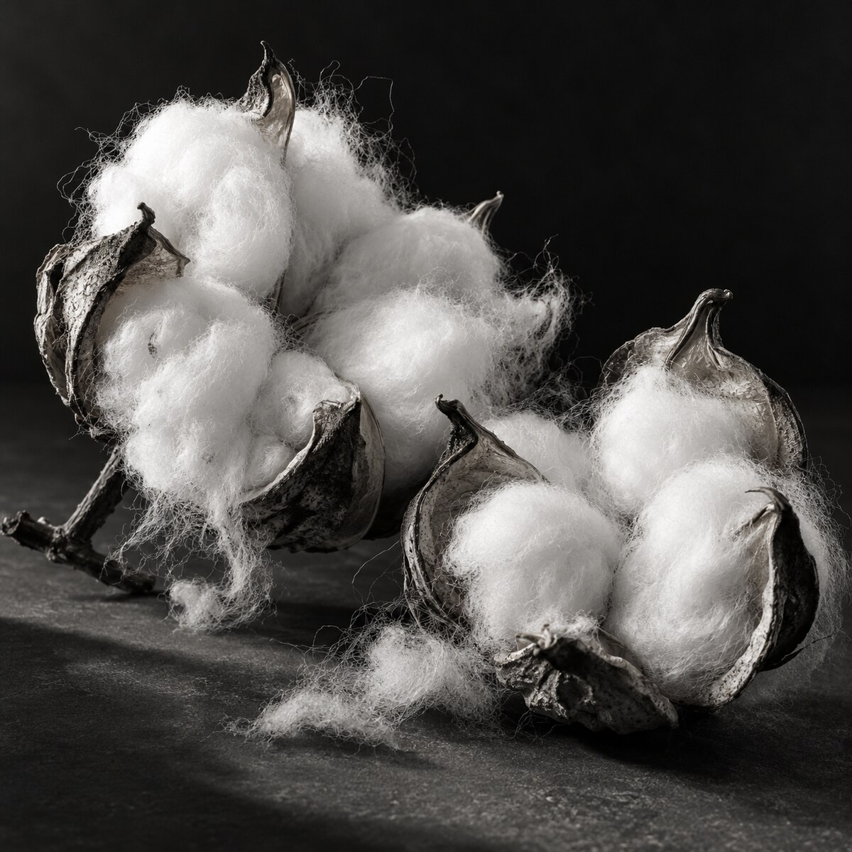 Cotton bolls and delicate raw fibres