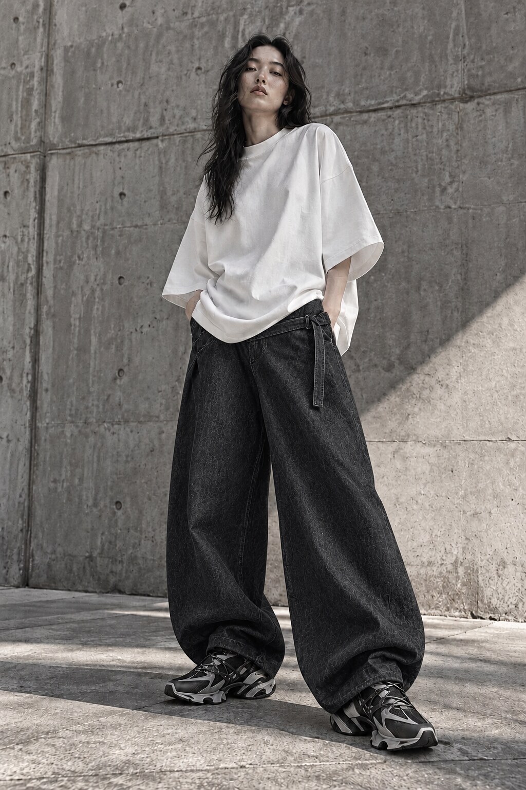 Japanese-inspired editorial with an oversized cotton tee, clean wide-leg dark denim and sculptural technical trainers