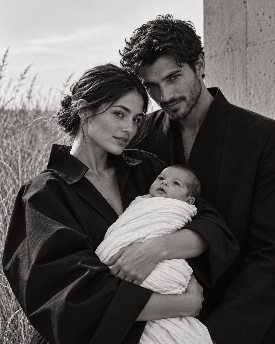 Modern family fashion editorial: parents in sculptural black clothing securely holding their baby in a white cotton swaddle outdoors