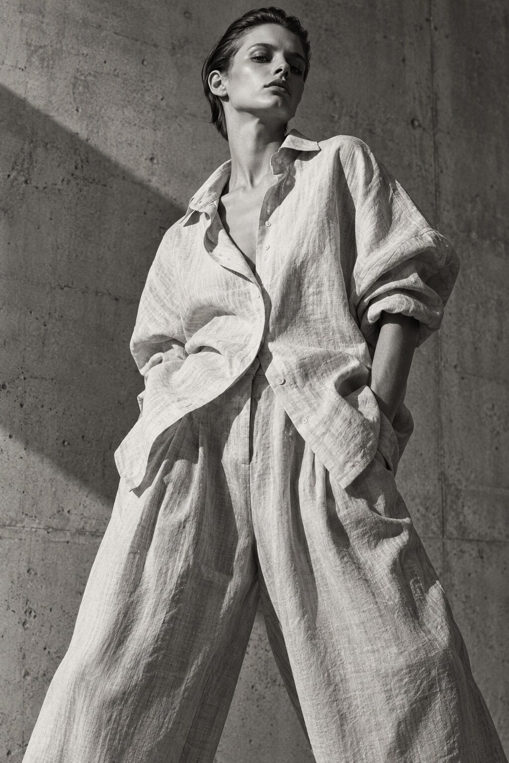 Monochrome fashion editorial featuring sculptural linen tailoring