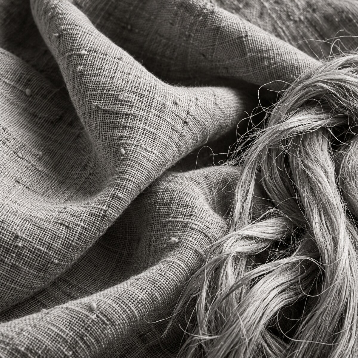 Sculptural linen fabric and raw flax fibres