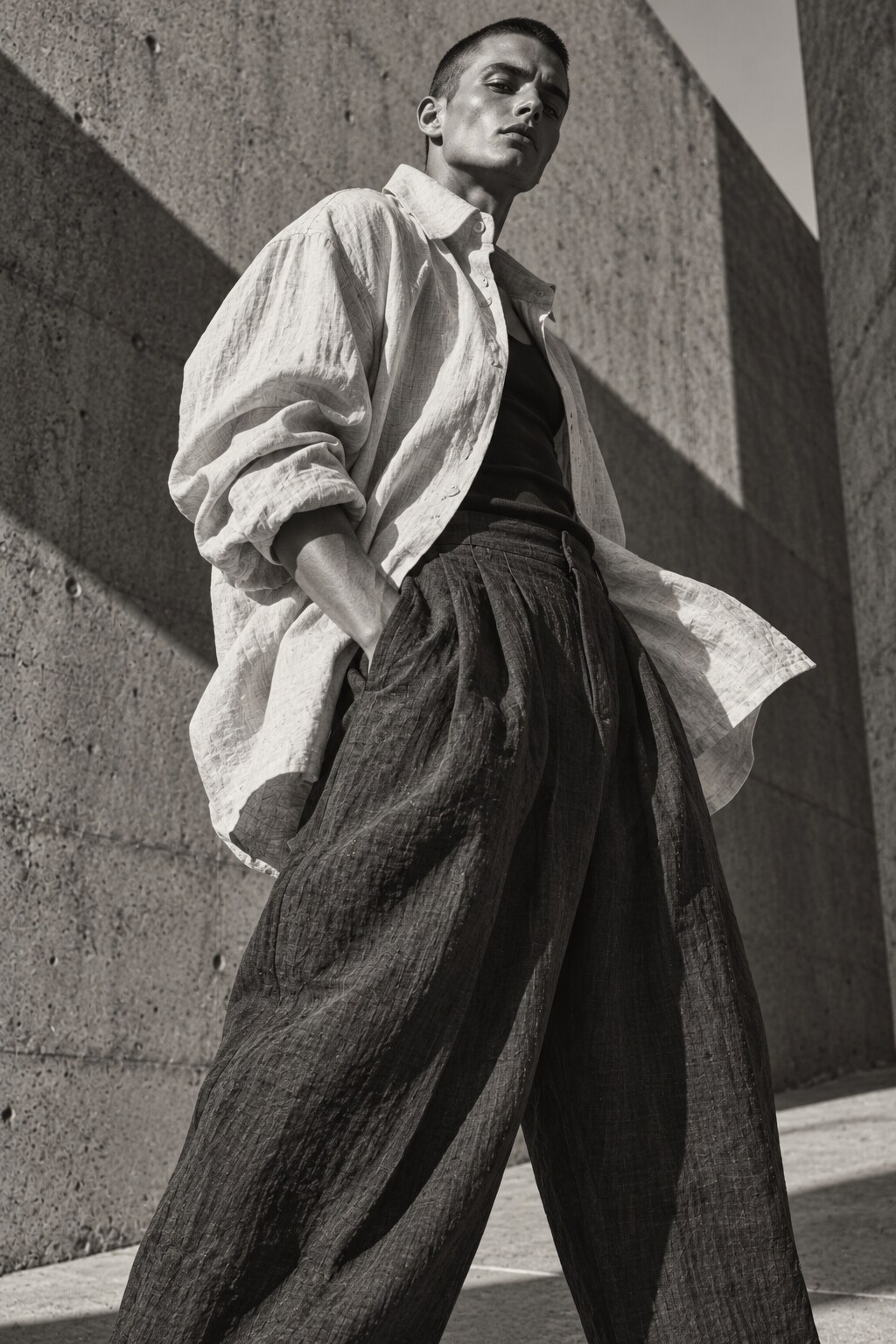 Black-and-white menswear editorial featuring sculptural linen layers and wide pleated trousers against brutalist architecture